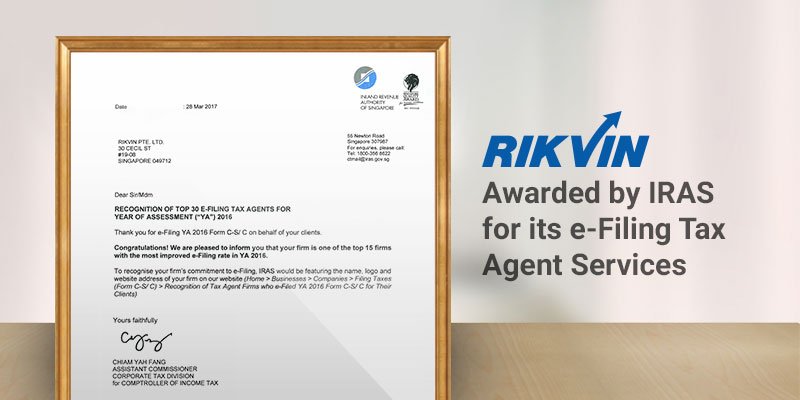 Rikvin Awarded by IRAS for Its E-Filing Tax Agent Services